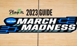 logo on a basketball court with words 2023 guide march madness