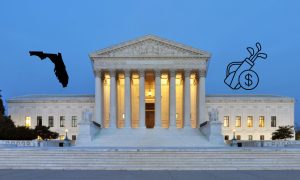 A photo of the Supreme Court with Florida and golf bag logos on a story about the Supreme Court blocking the restart of sports betting in the state.
