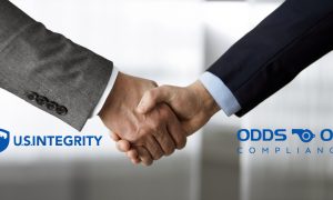 Photo of two people handshaking with two company logos with a story about Odds on Compliance merging with US Integrity