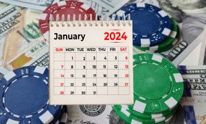 A picture of chips and money and January calendar for a story about the January Florida poker schedule.