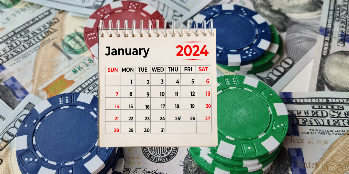 A picture of chips and money and January calendar for a story about the January Florida poker schedule.