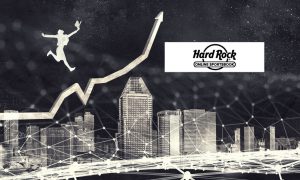 A picture of an arrow moving up with a coastal city in the background for a story about how Hard Rock Bet put a huge dent in its national market share thanks to Florida's relaunch.
