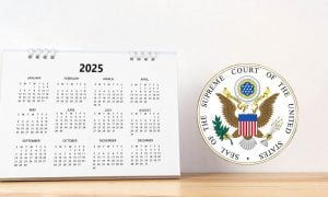 A picture of a 2025 calendar with a US Supreme Court logo for a story about the possible date for a final decision on the ongoing FL sports betting court case.