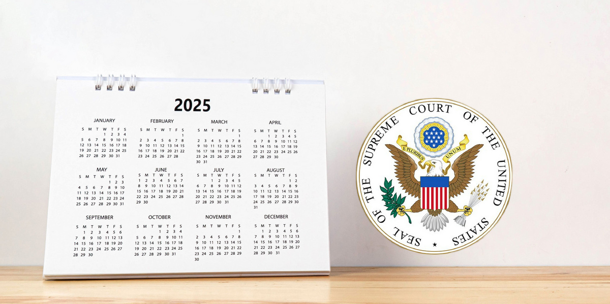 A picture of a 2025 calendar with a US Supreme Court logo for a story about the possible date for a final decision on the ongoing FL sports betting court case.