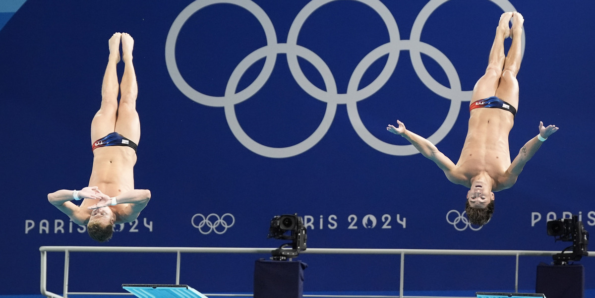 Two Americans competing in synchronnized diving at the 2024 Olympic Games