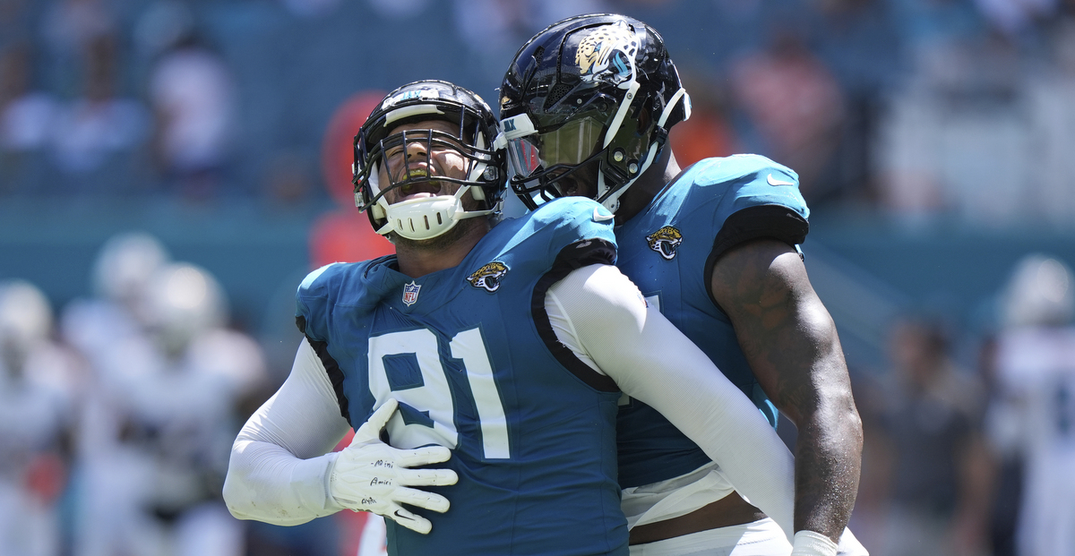 A Jacksonville Jaguars defensive player celebrating after sacking Miami Dolphins quarterback Tua Tagavailoa during Week 1 of the 2024 NFL season