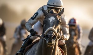 an image of a jockey riding a horse in a thoroughbred race