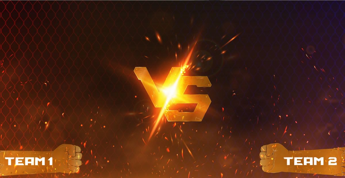 a pair of fists with team 1 and team 2 with a giant vs logo in the middle