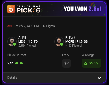 DraftKings Pick6 Win Screenshot