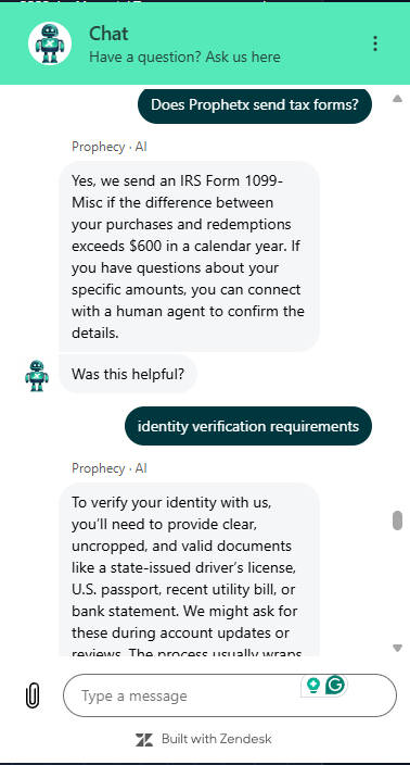ProphetX customer support chat