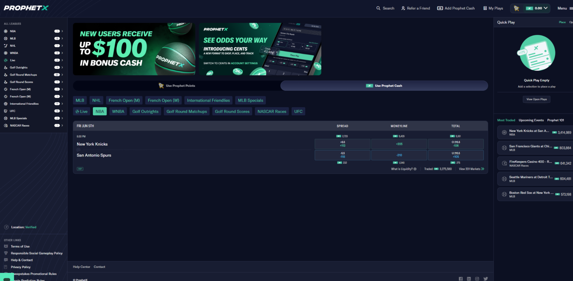 ProphetX desktop site design and navigation