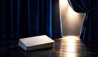 A stack of blank playing cards sits on a wooden stage in front of blue velvet curtains illuminated by a spotlight.