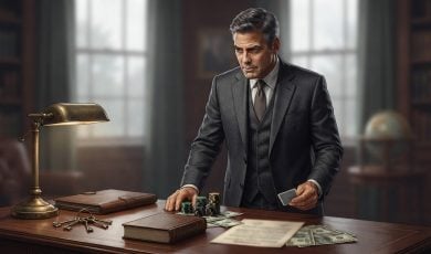 A man resembling George Clooney in a suit stands at a wooden desk with poker chips, a playing card, and stacks of cash.