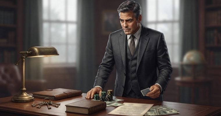 A man resembling George Clooney in a suit stands at a wooden desk with poker chips, a playing card, and stacks of cash.